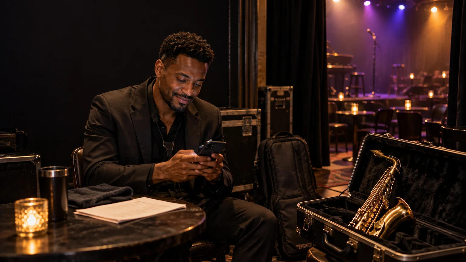 A saxophonist seated backstage after a performance, using a smartphone beside an open saxophone case, equipment bags, and a softly lit stage.