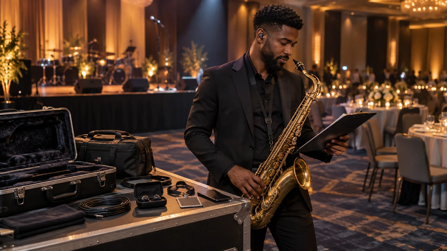 A suited saxophonist wearing an in-ear monitor checks a clipboard beside an open instrument case and audio gear in a warmly lit corporate banquet venue with a stage in the background.