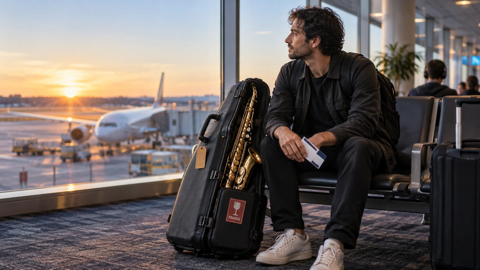 Traveler seated in an airport gate area at sunset beside a hard saxophone case containing a gold saxophone, with an airplane visible outside the window.