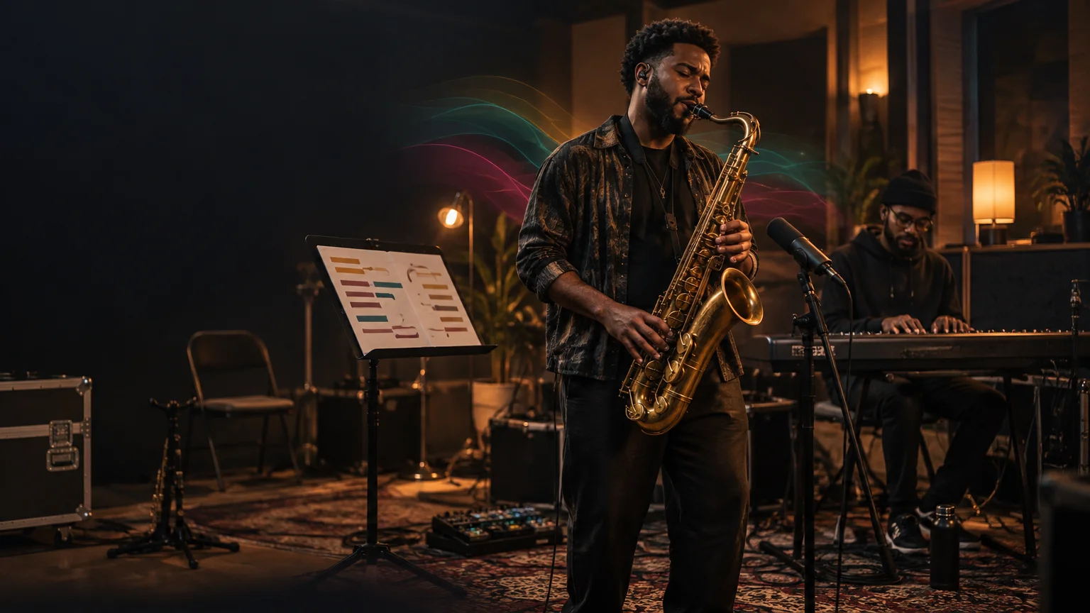 Warmly lit rehearsal or studio performance scene with a saxophonist playing beside a microphone, a keyboard player in the background, a music stand with a colored chart, cables, pedals, and flight cases.