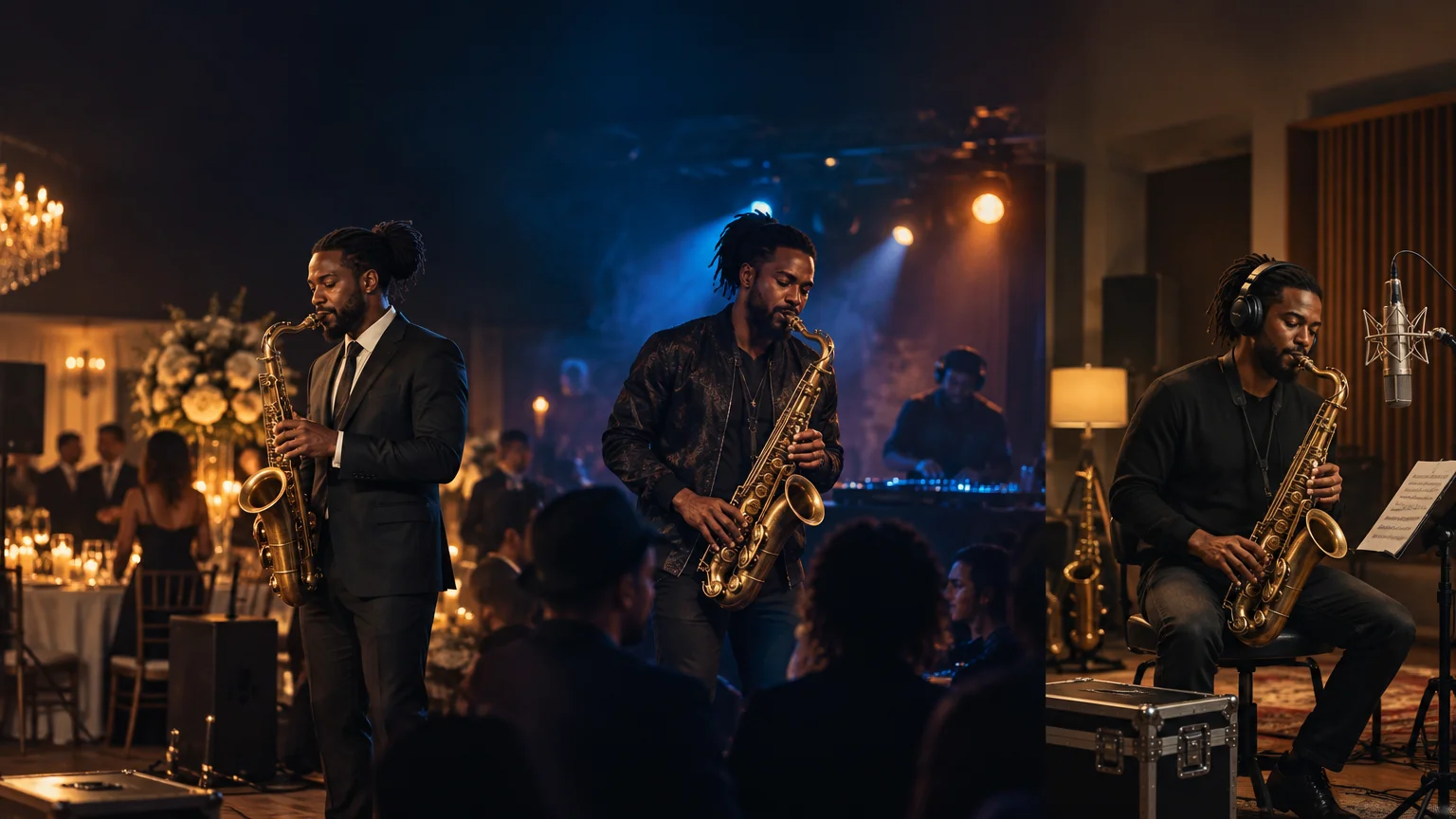 Three-panel scene showing a saxophonist at a candlelit private event, performing beside a DJ in a club, and recording in a studio with headphones and a microphone.