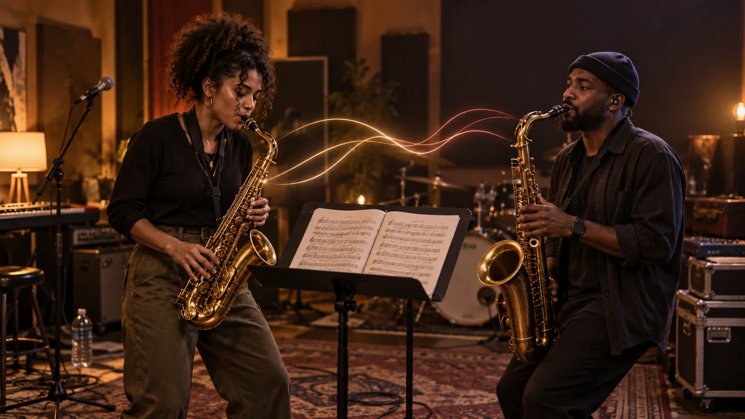 Two saxophonists rehearse in a warmly lit studio, playing beside a music stand with open horn charts; drums, keyboard, microphones, cables, and equipment cases fill the background.